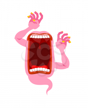 pink ghost. Scary spook. Horrible ghost frightening screams. Phasing monster with an open mouth. Wild howl. 