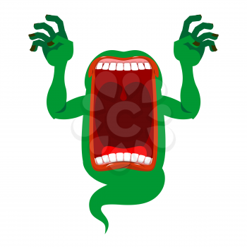  Mysterious phantom. Angry hungry spirit. Scary ghost shouts. Horrible wraith frightening screams. Green monster with his mouth open. spook Wild howl.