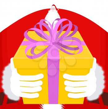 Christmas Gift giving. Large Santa gloves and box with bow. Purple tape and yellow box. Illustration for new year
