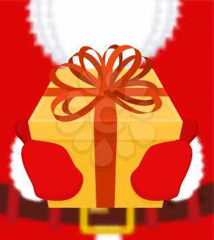 Santa gives gift. Christmas present. Box with bow. Red ribbon and yellow case. holiday Illustration for new year. Xmas design template

