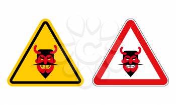 Warning sign attention devil. Hazard yellow sign Satan. Daemon on red triangle. Set of Road signs for hell
