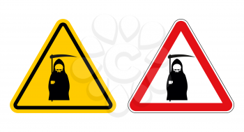 grim reaper warning sign of attention. Death Danger Yellow sign. Death on red triangle. Set of Road signs of grim reaper on white background
