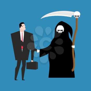 Contract with death. Grim Reaper and businessman shaking hands. Deal with mortal
