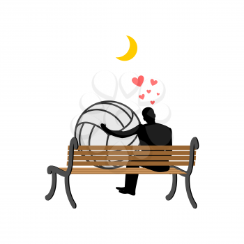 Lover volleyball. Guy and ball sitting on bench. Romantic date. Love sport play game 