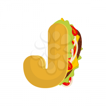 Letter J tacos. Mexican fast food font. Taco alphabet symbol. Mexico meal ABC
