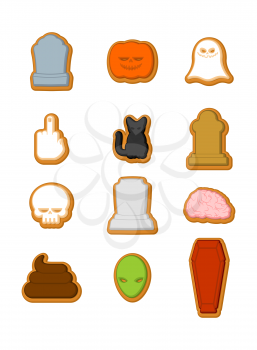 Halloween cookies set. Cookie for terrible holiday. Ghost and pumpkin. Black cat and skull. Tombstone and coffin. Vector illustration
