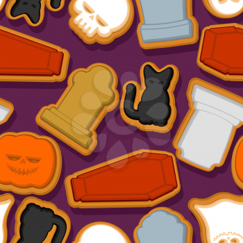 Halloween cookie seamless pattern. Background Cookies for terrible holiday. Ghost and pumpkin. Black cat and skull. Tombstone and coffin. Vector texture
