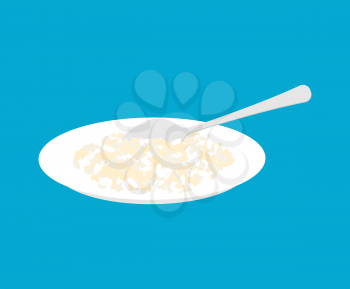 Round rice Porridge in plate and spoon isolated. Healthy food for breakfast. Vector illustration
