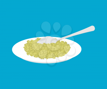 Green buckwheat Porridge in plate and spoon isolated. Healthy food for breakfast. Vector illustration
