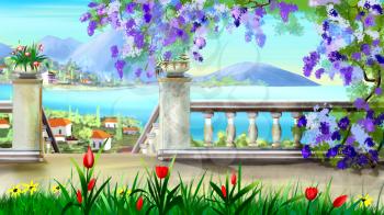 Digital painting of the stairs to the Sea in an Ancient City with flowers and lilac