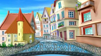 Digital painting of the bridges and streets of Paris in summer day