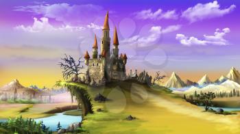Digital painting of Magic Castle. Summer day view with trees and mountains landscape. Long shot.