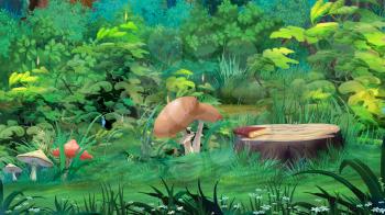 Digital painting of the mushrooms in a forest glade.