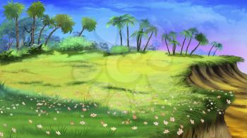 Digital painting of the tropical glade with palms, grass, flowers and precipice.