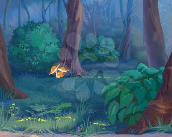 Digital Painting, Illustration of a Mushrooms in a forest. Cartoon Style Character, Fairy Tale Story Background