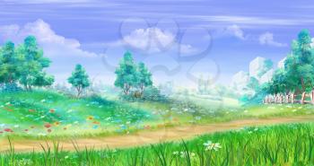 Digital Painting, Illustration of Rural landscape with flowers and grass around a path. Cartoon Style Artwork Scene, Story Background.