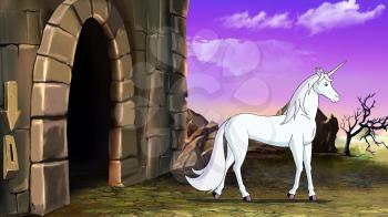 Wonderful fairy tale White Unicorn Near the Magic Castle. Digital painting  cartoon style full color illustration.