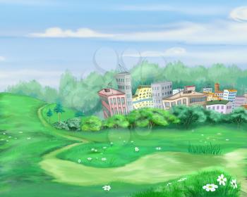 Digital Painting, Illustration of a old road around a small town. Cartoon Style Character, Fairy Tale Story Background.