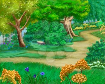 Digital Painting, Illustration of Rural landscape with bushes and grass around a path. Cartoon Style Artwork Scene, Story Background.