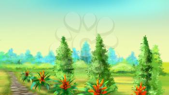 Digital Painting, Illustration of the Stone Footpath Along the Field in a Summer Morning.  Cartoon Style Character, Fairy Tale Story Background.