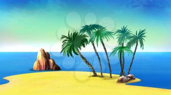 Digital Painting, Illustration of a palm trees on a deserted coast of the tropical island in a hot summer day. Cartoon Style Artwork Scene, Story Background.