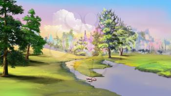 Autumn landscape with small river. Digital Painting Background, Illustration.