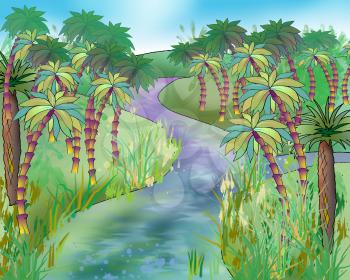 Digital Painting, Illustration of wild nature landscape with Palm trees on a coast of the river. Cartoon Style Artwork Scene, Story Background.