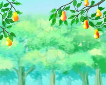 Digital Painting, Illustration of ripe pears on the background of a summer garden in a summer day. Cartoon Style Artwork Scene, Story Background.