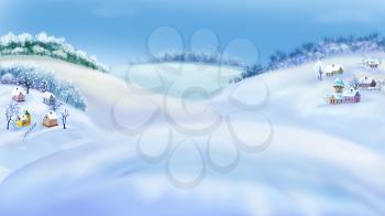 Romantic Rural Landscape in a Wonderful Winter Day.  Outdoor  New Year scene, handmade illustration  in a classic cartoon style.