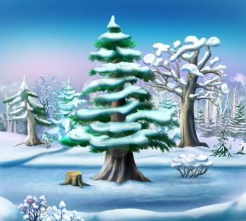 Snow-covered Pine Tree in a Winter Forest. Handmade illustration in a classic cartoon style.