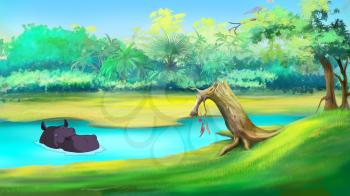 Big African Hippopotamus in a river on a sunny summer day. Digital painting  cartoon style full color illustration.
