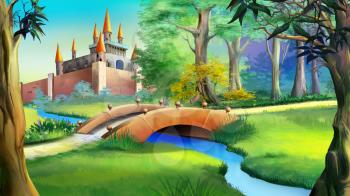 Landscape with Fairy tale castle in a forest and small bridge over the blue river. Digital painting background, Illustration in cartoon style character.