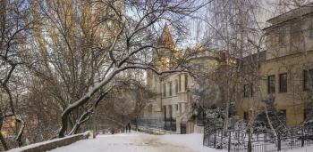 Odessa, Ukraine - 01.27.2019. The Shahs Palace in Odessa city in a winter time. Famous tourist attraction built in the 19th century in the Neo-Gothic style