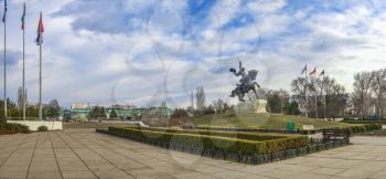 Tiraspol, Moldova - 03.10.2019. Equestrian statue to the russian commander Alexander Suvorov near the Dniester River in the city of Tiraspol, Transnistria, Moldova