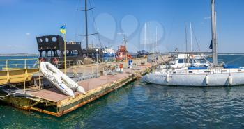 Odessa, Ukraine - 04.20.2019. Pirate pleasure ship at the pier in the port of Odessa in early spring