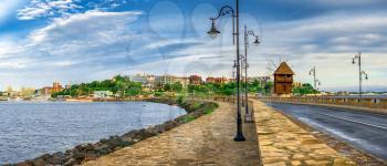 Nessebar, Bulgaria – 07.11.2019.  Road to the old town of Nessebar in Bulgaria, panoramic view on a sunny summer morning