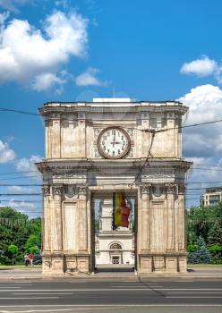 Chisinau, Moldova – 06.28.2019. Triumphal arch in the center of Chisinau, capital of Moldova, on a sunny summer day