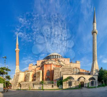 Istambul, Turkey – 07.12.2019. Hagia Sophia museum in Sultan Ahmed Park, Istanbul, Turkey, on a summer day