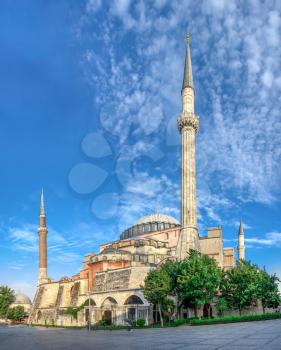 Istambul, Turkey – 07.13.2019. Minarets of the mosque of Hagia Sophia in Sultan Ahmed Park, Istanbul, Turkey, on a sunny summer morning