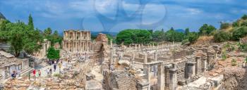 Ephesus, Turkey – 07.17.2019. Ephesus Library of Celsus in antique city on a sunny summer day