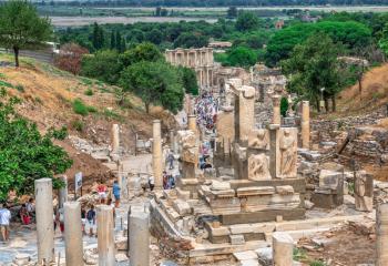 Ephesus, Turkey – 07.17.2019. Marble road Ruins of antique Ephesus city on a sunny summer day