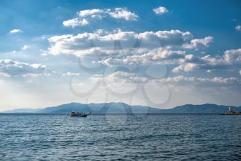Kusadasi, Turkey – 07.18.2019.   Icari Sea near the city of Kusadasi in Turkey on a sunny summer day