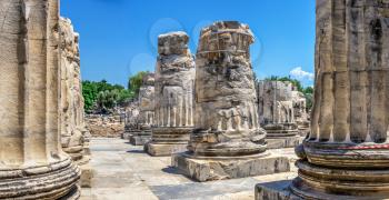 A base of a column of the eastern facade of the Temple of Apollo at Didyma, Turkey, on a sunny summer day
