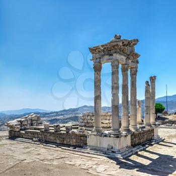 Ruins of the Temple of Dionysos in the Ancient Greek city Pergamon, Turkey. Big size panoramic view on a sunny summer day