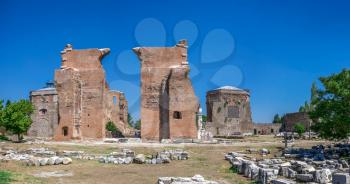 Ruins of the Red Basilica or Temple of Serapis in the Ancient Greek city Pergamon in Turkey on a sunny summer day