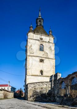 Kamianets-Podilskyi, Ukraine 01.07.2020. Bell tower of St. Stepanos in Kamianets-Podilskyi historical centre on a sunny winter morning