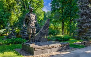 Kyiv, Ukraine 07.11.2020.  Monument to Ivan Kozhedub in the Park of Eternal Glory in Kyiv, Ukraine, on a sunny summer morning
