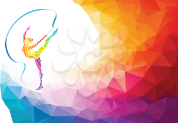 Creative silhouette of gymnastic girl. Art gymnastics with ribbon, colorful vector illustration with background or banner template in trendy abstract colorful polygon style and rainbow back