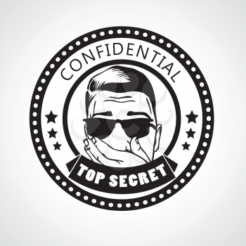 Vector round Confidential top secret stamp with surprised face in glasses black and white