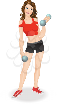 Cute cartoon girl exercising with dumbbells. Vector illustration